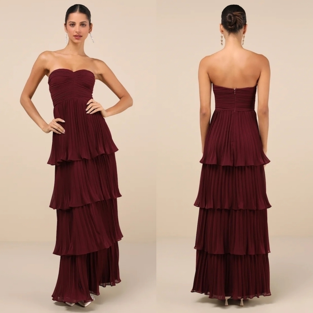 Lulus Seriously Sensational Plum Purple Strapless Tiered Maxi Dress Wedding Prom